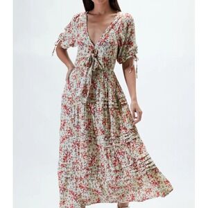 Rue Stiic Floral Print Maxi Dress‎ Tie Front Open Back Bohemian Women's